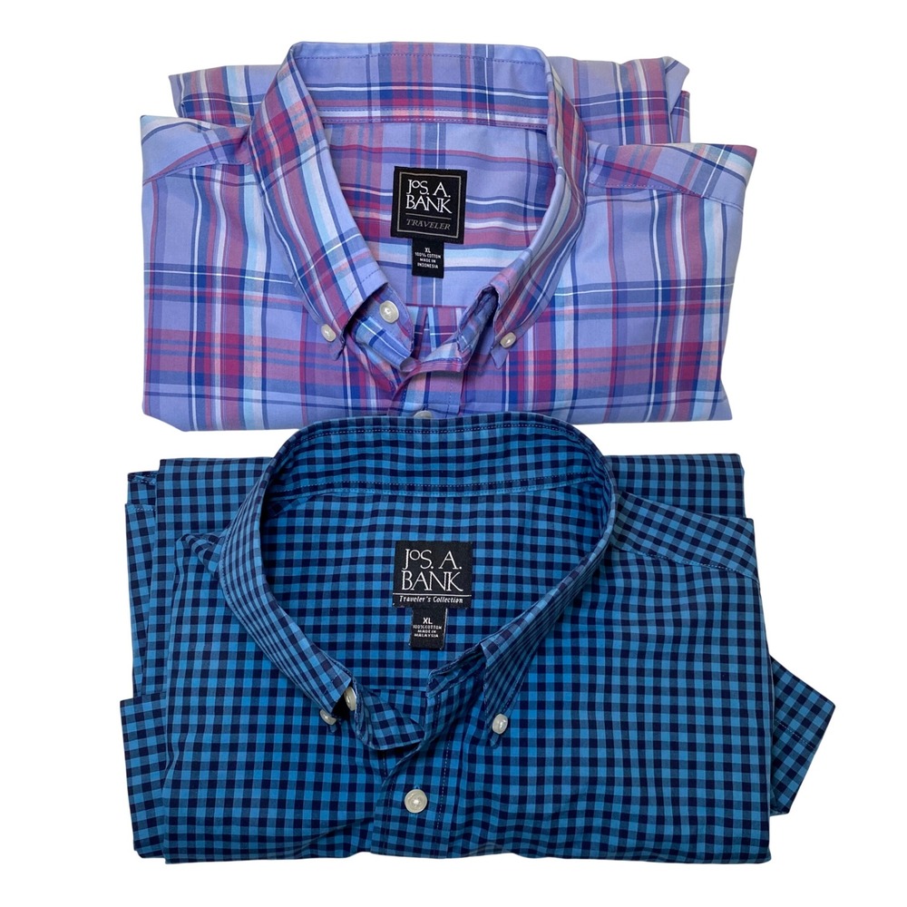 Jos A Bank Traveler XL Button Up Shirt Lot of 2 Blue Check Plaid Cotton